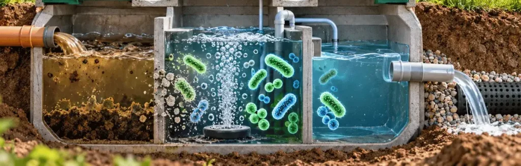 Secțiune printr-o stație de epurare biologică, cu bacteriile din compartimente