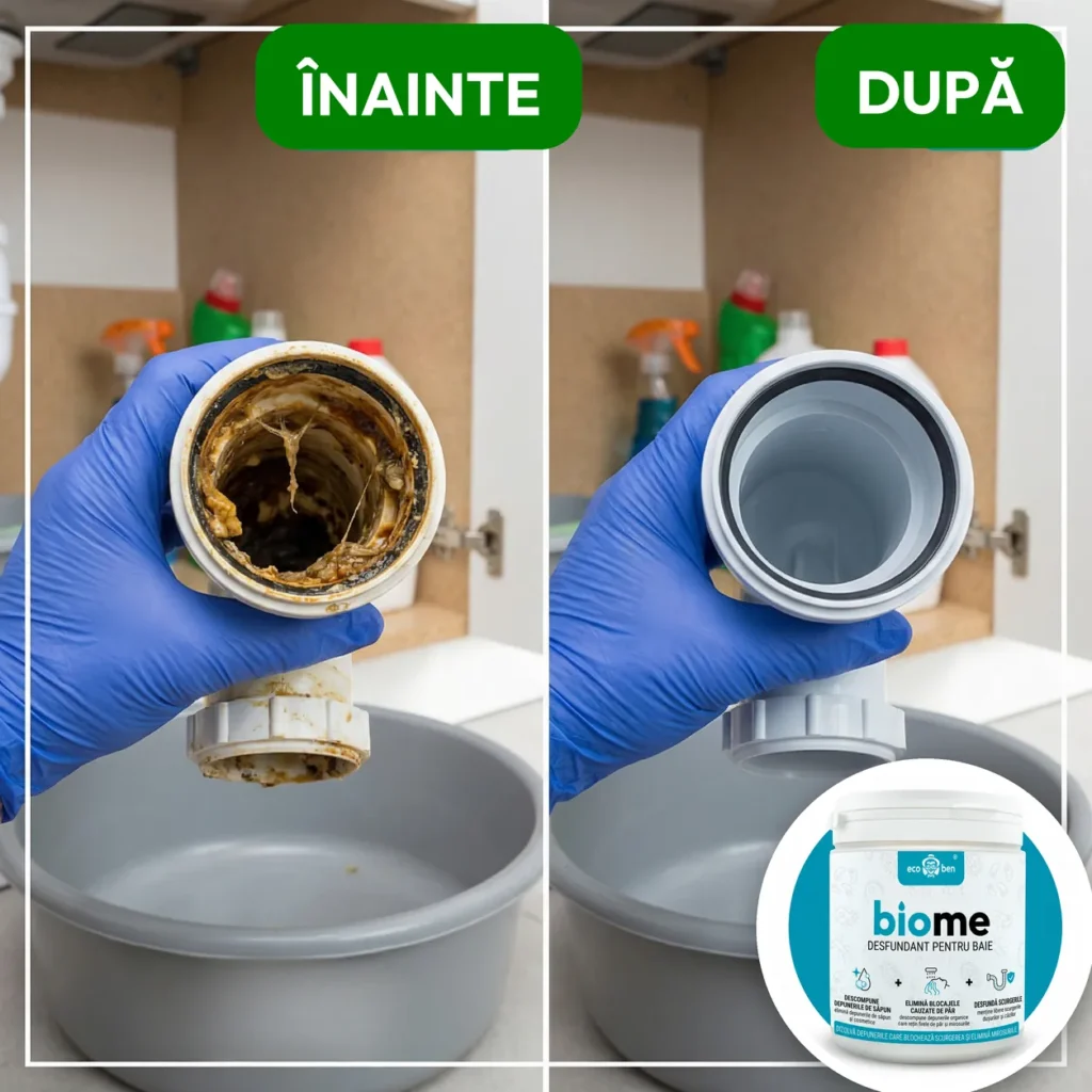 Înainte și după: BioMe Desfundant biologic pentru baie 500 g